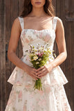Ivory Floral Ruffled Thick Straps A Line Floor Length Bridal Dress