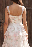 Ivory Floral Ruffled Thick Straps A Line Floor Length Bridal Dress