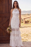 Floral Ivory Ruffled Sheath Halter Floor Length Bridal Dress