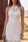Floral Ivory Ruffled Sheath Halter Floor Length Bridal Dress
