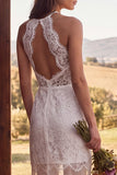 Floral Ivory Ruffled Sheath Halter Floor Length Bridal Dress