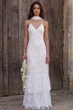 Ivory Ruffled Floral Sheath Neck Scarf Floor Length Bridal Dress