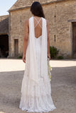 Ivory Ruffled Floral Sheath Neck Scarf Floor Length Bridal Dress