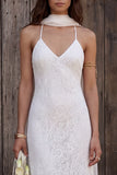 Ivory Ruffled Floral Sheath Neck Scarf Floor Length Bridal Dress