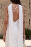 Ivory Ruffled Floral Sheath Neck Scarf Floor Length Bridal Dress