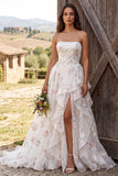Floral Ivory Strapless A Line Sweep Train Wedding Dress with Slit