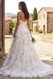 Floral Ivory Strapless A Line Sweep Train Wedding Dress with Slit