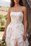 Floral Ivory Strapless A Line Sweep Train Wedding Dress with Slit
