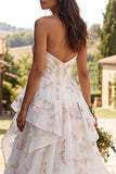 Floral Ivory Strapless A Line Sweep Train Wedding Dress with Slit