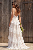 Floral Ivory A Line Sweep Train Lace Boho Wedding Dress with Slit