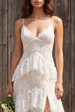 Floral Ivory A Line Sweep Train Lace Boho Wedding Dress with Slit