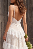 Floral Ivory A Line Sweep Train Lace Boho Wedding Dress with Slit