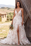 Ivory A Line Floral Sweep Train Ruffled Wedding Dress with Slit