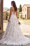 Ivory A Line Floral Sweep Train Ruffled Wedding Dress with Slit