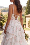 Ivory A Line Floral Sweep Train Ruffled Wedding Dress with Slit