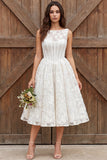 Ivory Corset Floral A Line Boat Neck Midi Engagement Dress