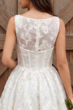 Ivory Corset Floral A Line Boat Neck Midi Engagement Dress