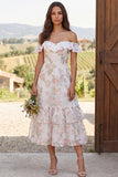 Ivory Floral Ruffled A Line Off the Shoulder Midi Engagement Dress