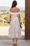 Ivory Floral Ruffled A Line Off the Shoulder Midi Engagement Dress