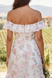 Ivory Floral Ruffled A Line Off the Shoulder Midi Engagement Dress