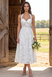 Ivory Floral Corset A Line Halter Midi Engagement Dress