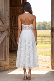 Ivory Floral Corset A Line Halter Midi Engagement Dress