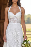 Ivory Floral Corset A Line Halter Midi Engagement Dress