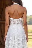 Ivory Floral Corset A Line Halter Midi Engagement Dress