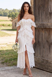 Ivory Floral Corset Mermaid Off the Shoulder Long Engagement Dress with Slit