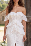Ivory Floral Corset Mermaid Off the Shoulder Long Engagement Dress with Slit