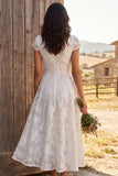 Ivory Floral A Line V-Neck Midi Engagement Dress