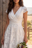 Ivory Floral A Line V-Neck Midi Engagement Dress