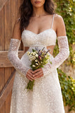 Sparkly Ivory Sequined A Line Spaghetti Straps Long Engagement Dress