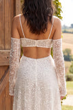 Sparkly Ivory Sequined A Line Spaghetti Straps Long Engagement Dress