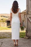 Sparkly Ivory Beaded Floral Sheath Boat Neck Long Engagement Dress