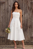 Sparkly Ivory Beaded Floral A Line Strapless Midi Engagement Dress