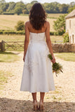 Sparkly Ivory Beaded Floral A Line Strapless Midi Engagement Dress