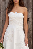 Sparkly Ivory Beaded Floral A Line Strapless Midi Engagement Dress