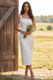 Sparkly Ivory Beaded Floral Sheath Square Neck Midi Engagement Dress with Slit