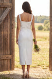 Sparkly Ivory Beaded Floral Sheath Square Neck Midi Engagement Dress with Slit