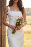 Sparkly Ivory Beaded Floral Sheath Square Neck Midi Engagement Dress with Slit