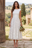 Ivory Floral A Line Boat Neck Midi Engagement Dress
