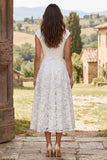 Ivory Floral A Line Boat Neck Midi Engagement Dress