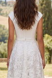 Ivory Floral A Line Boat Neck Midi Engagement Dress