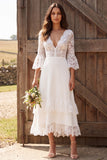 Ivory Floral A Line V-Neck Ruffled Midi Engagement Dress