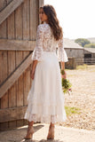 Ivory Floral A Line V-Neck Ruffled Midi Engagement Dress