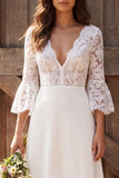 Ivory Floral A Line V-Neck Ruffled Midi Engagement Dress