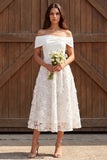 Ivory Floral Off the Shoulder A Line Midi Engagement Dress