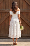Ivory Floral Off the Shoulder A Line Midi Engagement Dress