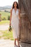 Sparkly Ivory Sequined Halter Sheath Long Engagement Dress with Slit